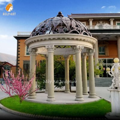 Outdoor Garden Beige Marble Stone Gazebo With Iron Hat for Sale