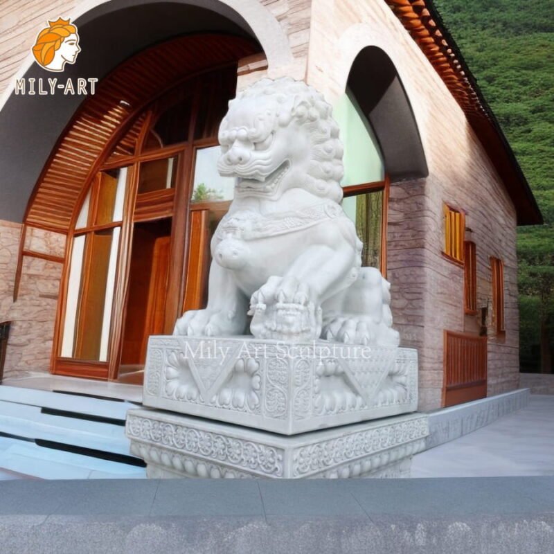 Hand Carved Marble Chinese Guardian Lions Statues - Mily Art