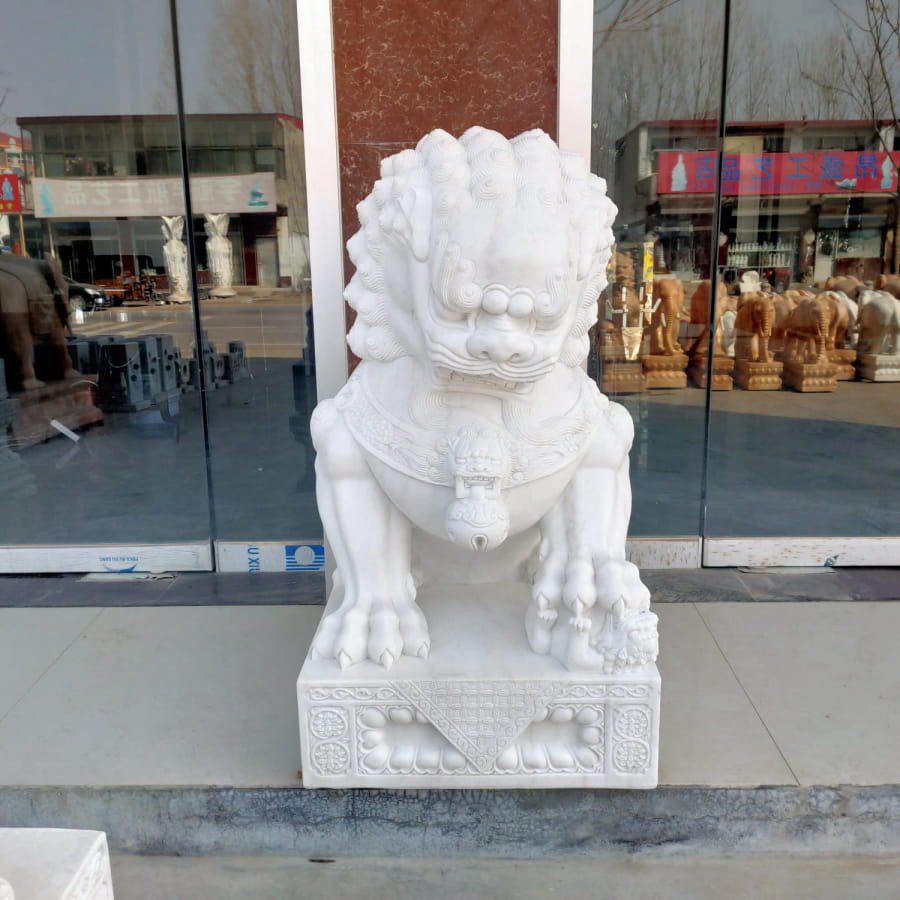 Hand Carved Marble Chinese Guardian Lions Statues - Mily Art