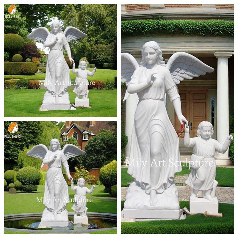 Life Size Marble Angel Statue with a Little Girl Application
