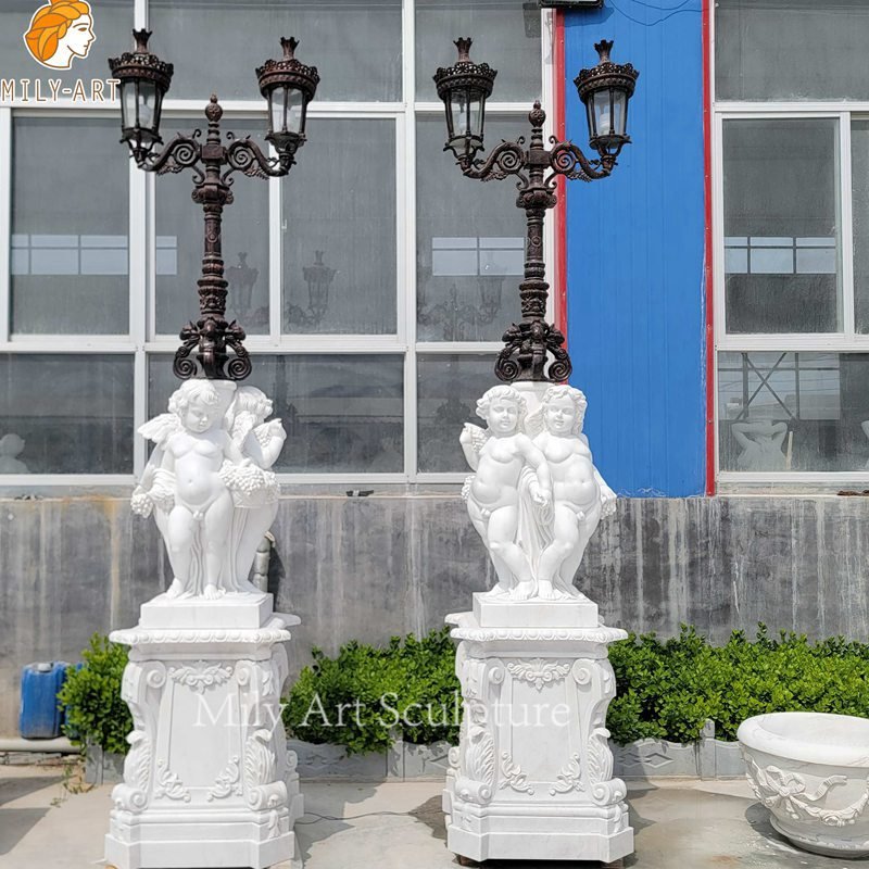 White Marble Cherub Statue Lamp Posts for Sale (2)