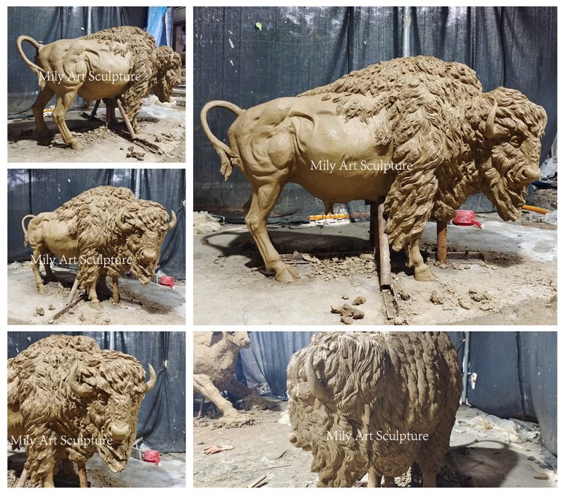 Lifelike Clay Model of Large Bronze Buffalo Statue