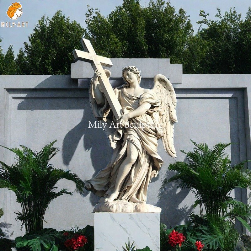 Hand Carved Marble Angel with the Cross Statue