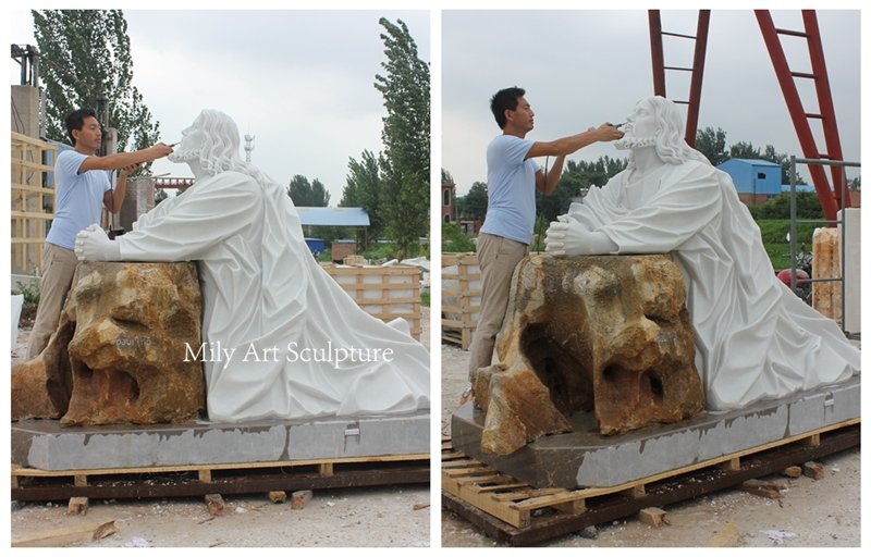 Large Christ in Prayer Marble Statue Carving Process