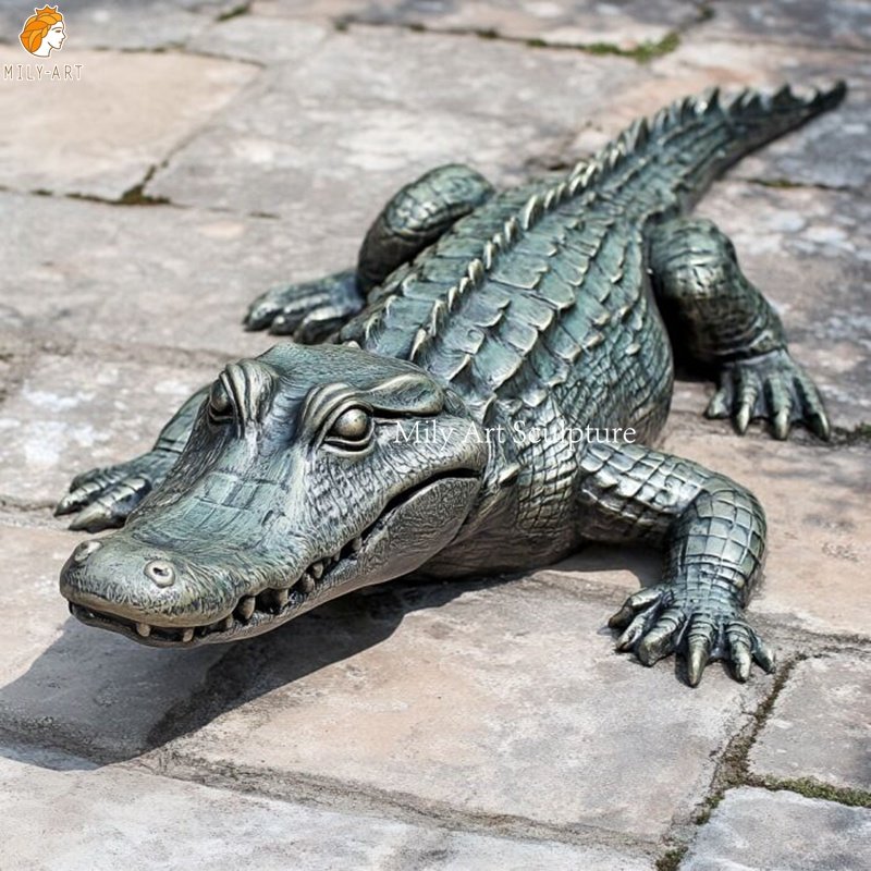 Large Lying Bronze Crocodile Sculpture