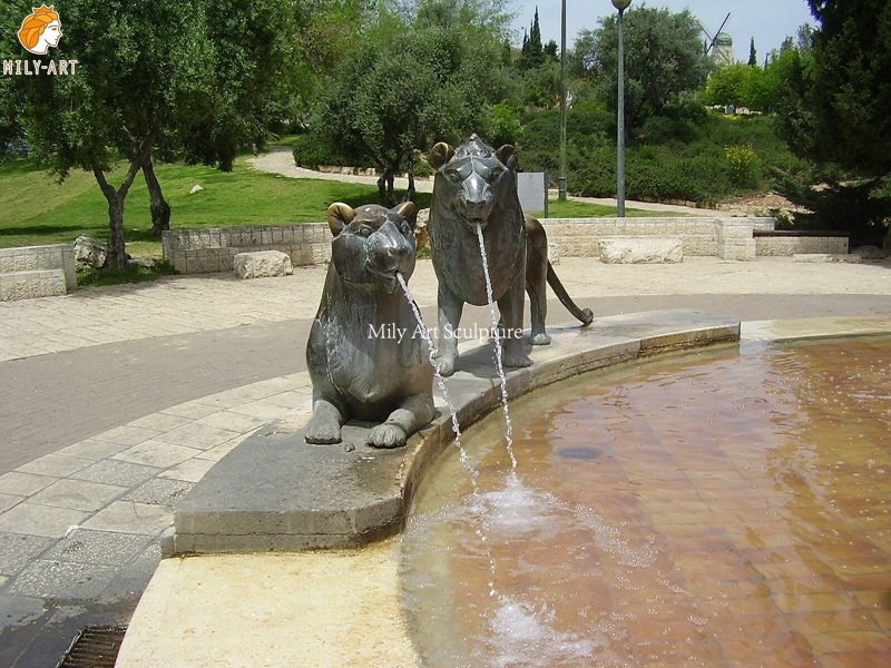 outdoor bronze lion fountain detail 