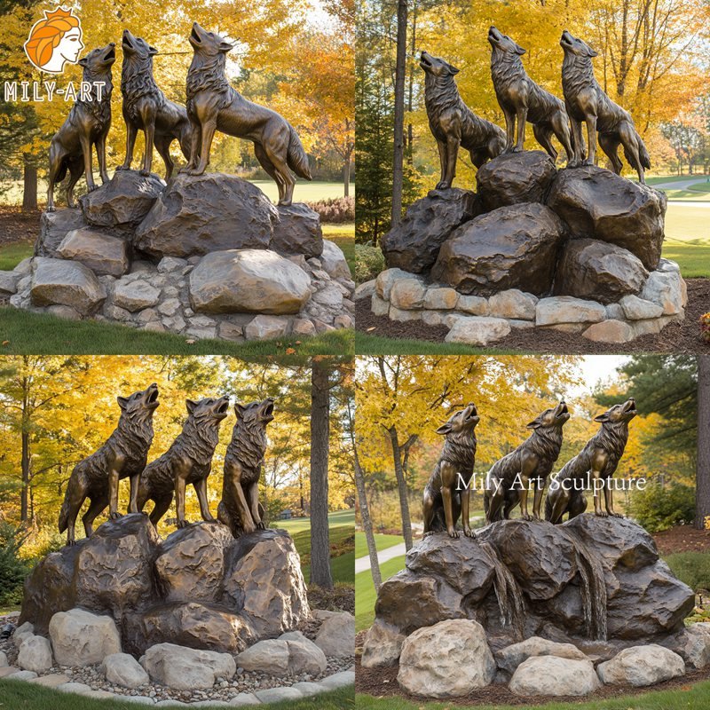 bronze wolf family sculpture details