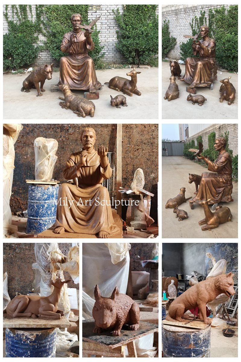 the casting process of a bronze St. Francis statue with animals