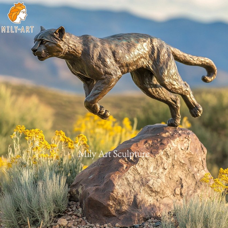 Running Bronze Mountain Lion Sculpture