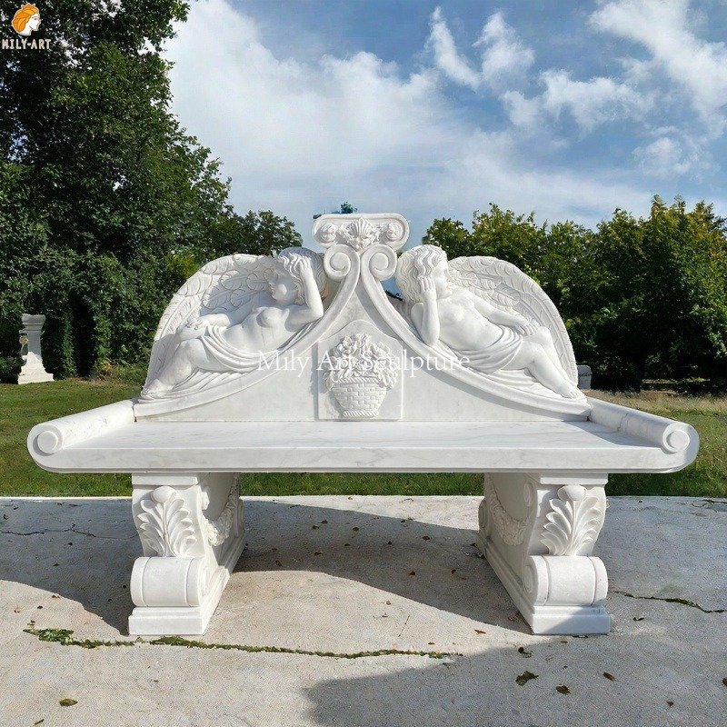 White Marble Bench with Lying Cherub Statues