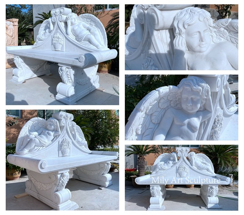 White Marble Bench with Lying Cherub Statues Details