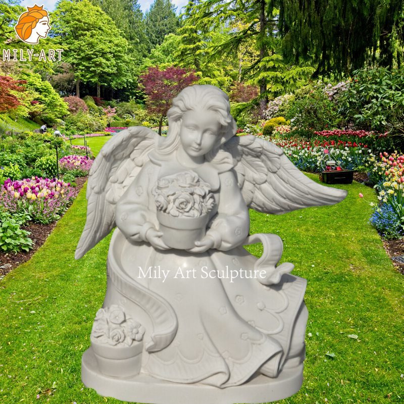 Cherubic Marble Angel Statue with Floral Bouquet