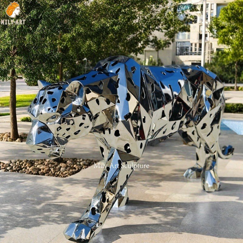 Large Stainless Steel Modern Geometric Leopard Statue