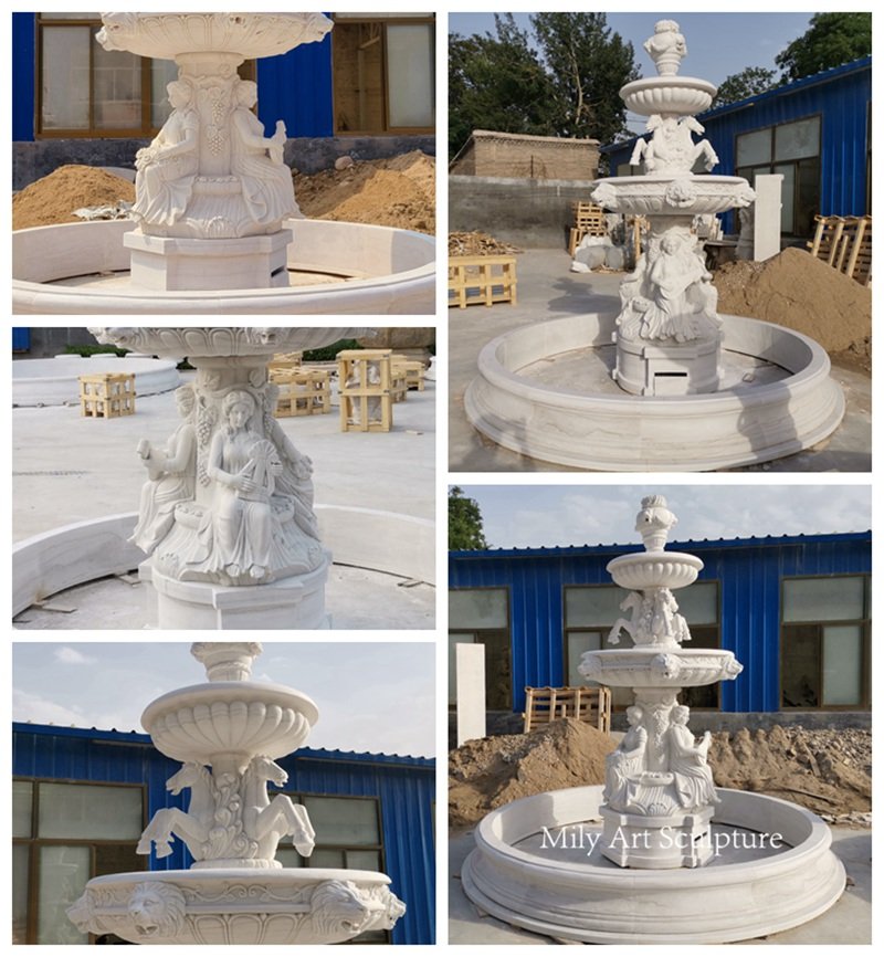 white marble sitting lady with horse statue fountain details