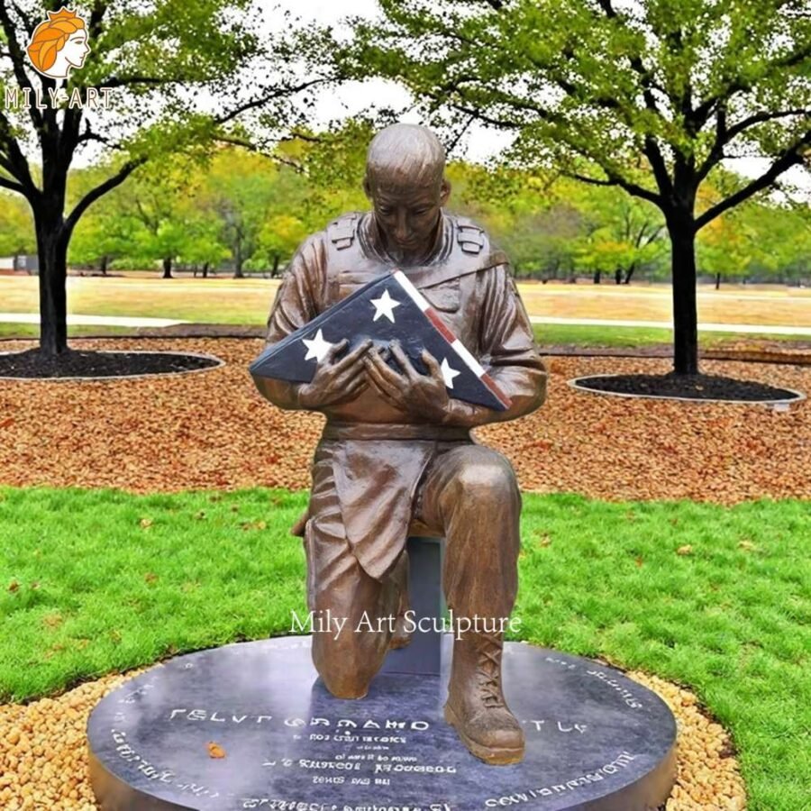 Life Size Bronze Kneeling Soldier Statue with a Flag