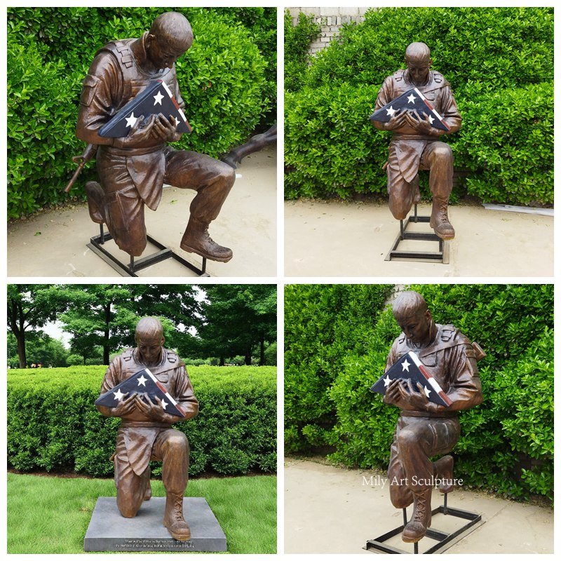 Bronze Kneeling Soldier Statue with a Flag Details