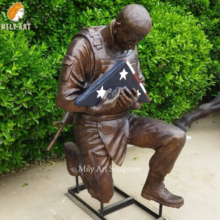 Brown Bronze Kneeling Soldier with a Flag Left Side View