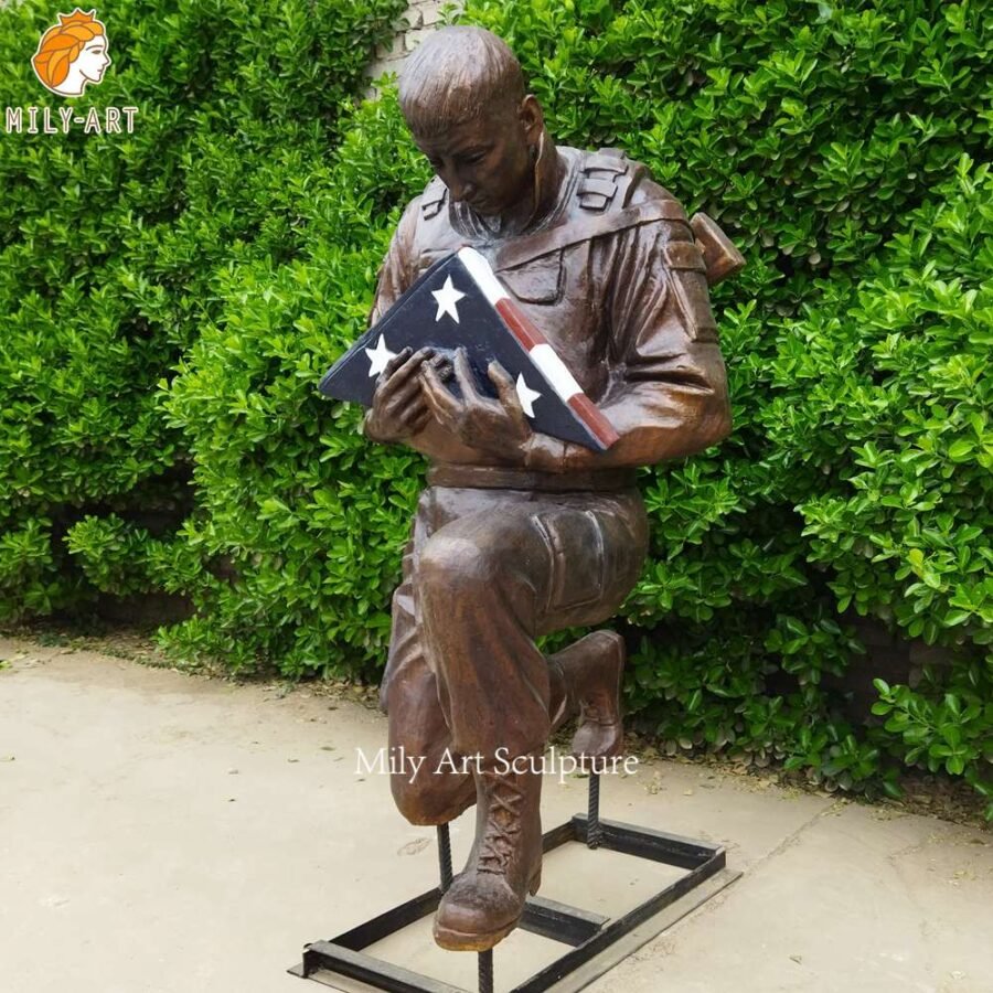 Life Size Bronze Kneeling Soldier with a Flag Right Side View