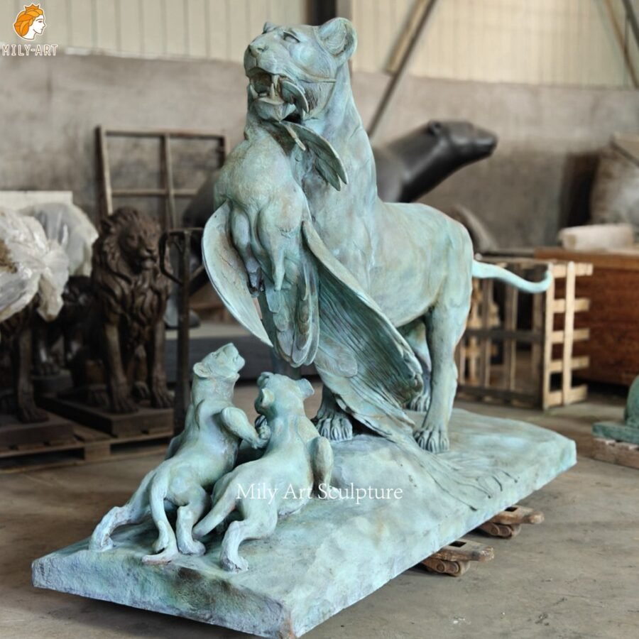 Life Size Bronze Mother Lion Eating Crane Feeding Little Lions Sculpture