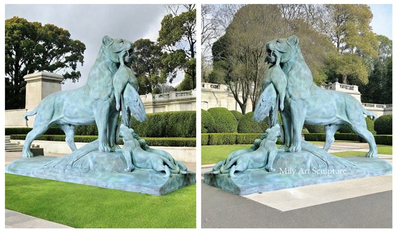 Bronze Mother Lion Eating Crane Feeding Little Lions Statue Application Scenes