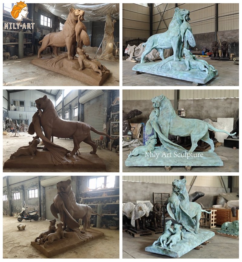 Bronze Mother Lion Eating Crane Feeding Little Lions Statue Details from Mily Factory