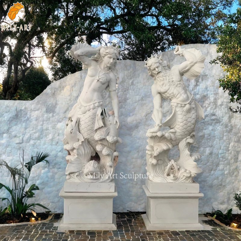 Hand-Carved White Marble Poseidon and Amphitrite Statue for Outdoor Decor