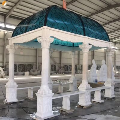 Natural White Marble Column Outdoor Gazebo with Blue Iron Dome for Outdoor Decor