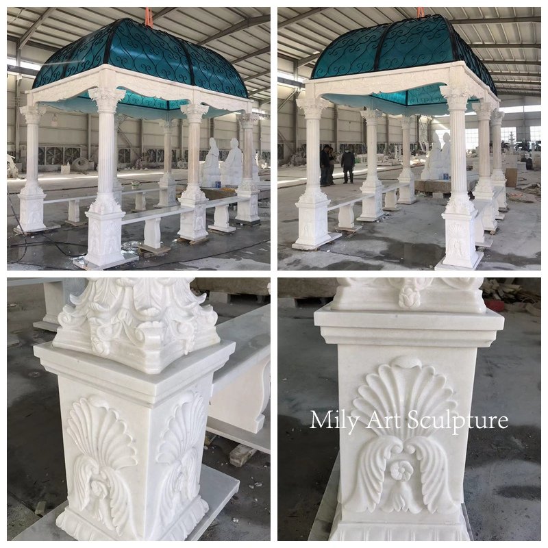 Natural White Marble Column Outdoor Gazebo with Blue Iron Dome Details