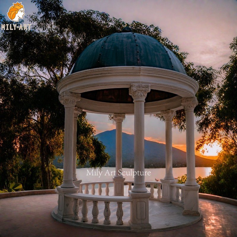 Outdoor White Bronze Capped Marble Gazebo